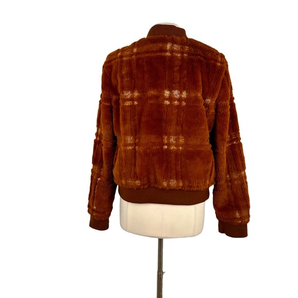 Anthropologie Rust Faux Fur Bomber/Teddy Jacket w/White Embroidery Sz L - Picture 3 of 7